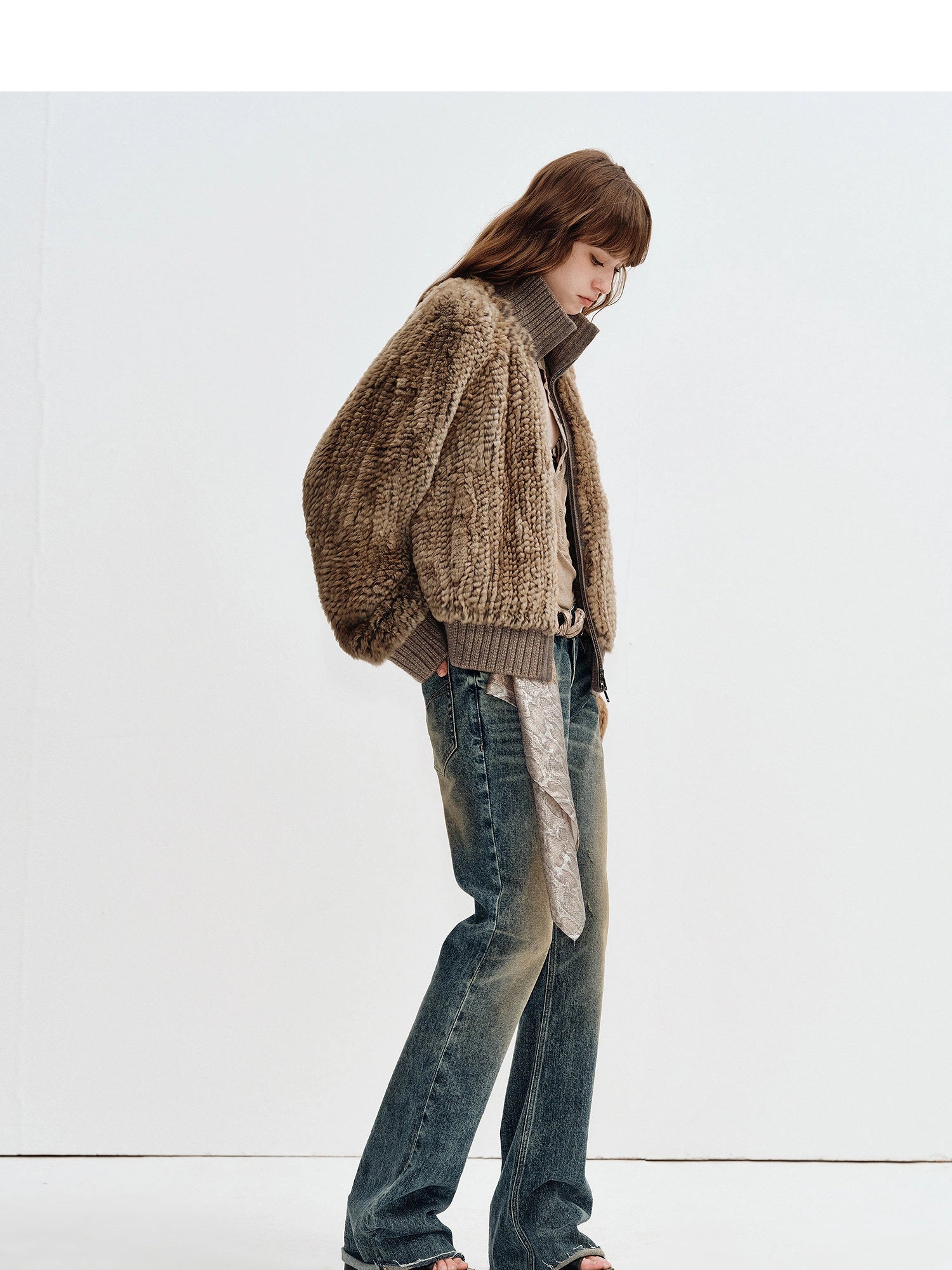 Side view of Firelady Fur William Cream Frost Mist Gray Amber rabbit fur knit jacket