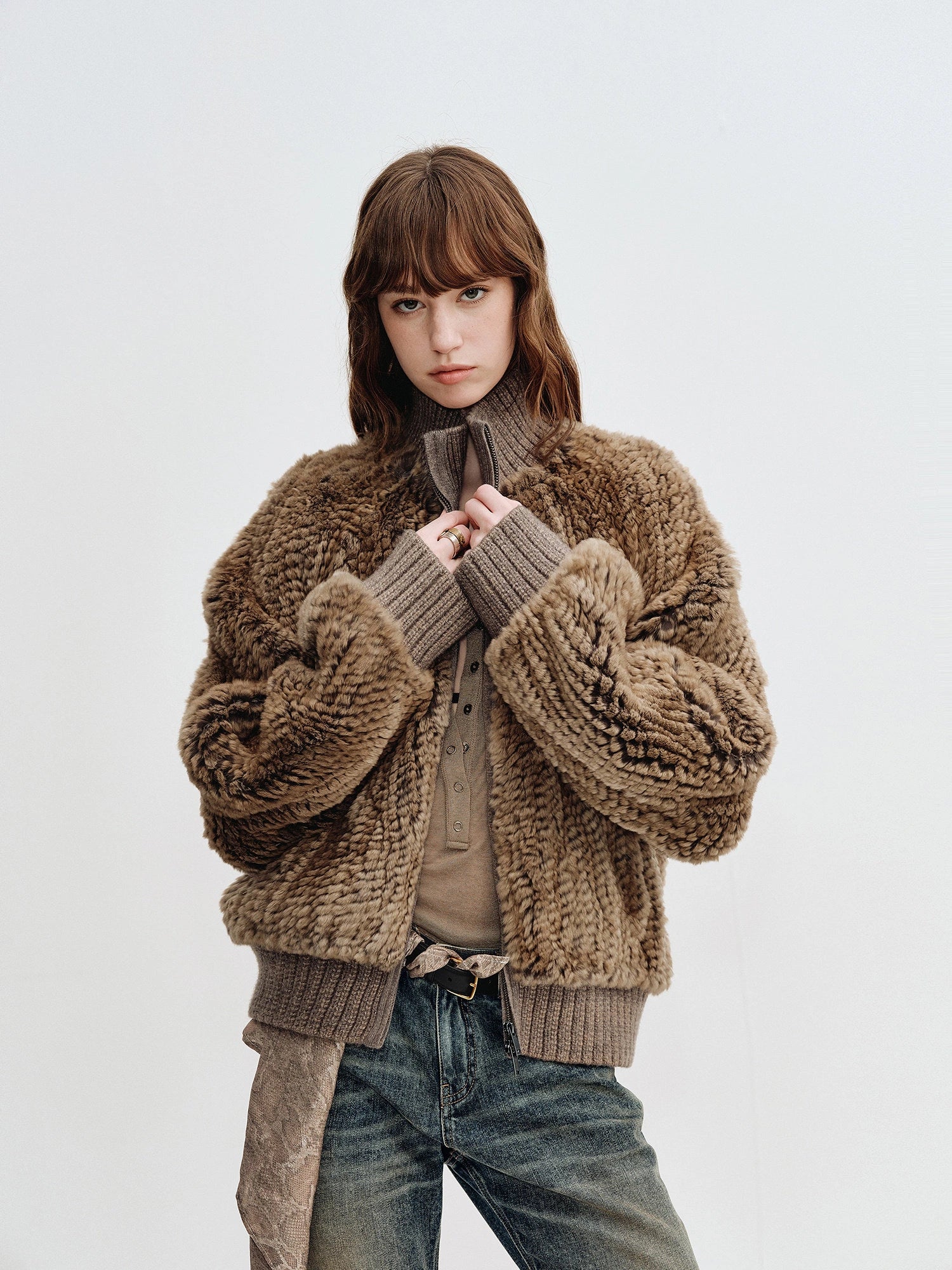 Firelady Fur William Cream Frost rabbit fur knit jacket in Mist Gray Amber upper body view