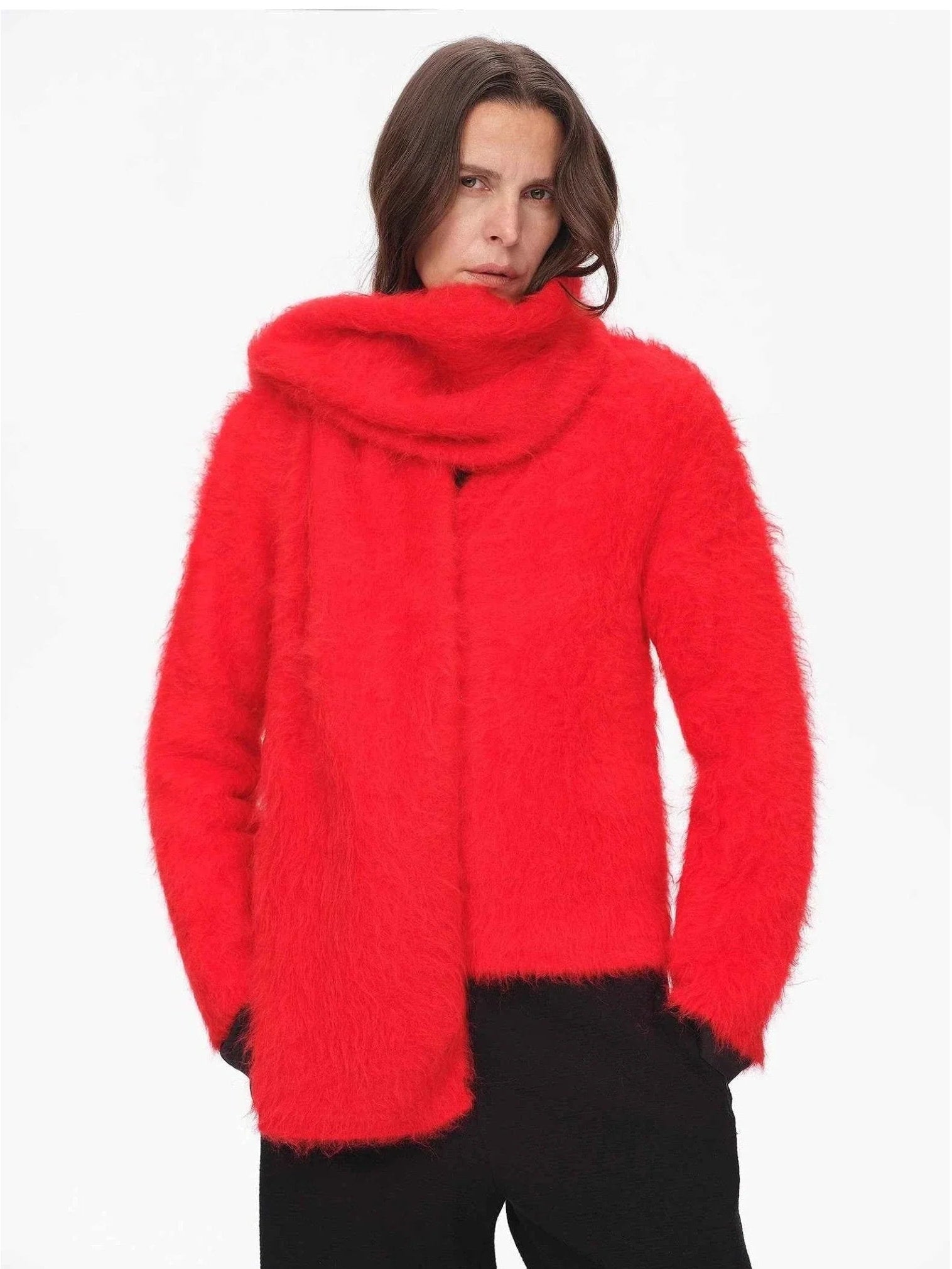 Red alpaca wool scarf for women styled with a winter knit outfit