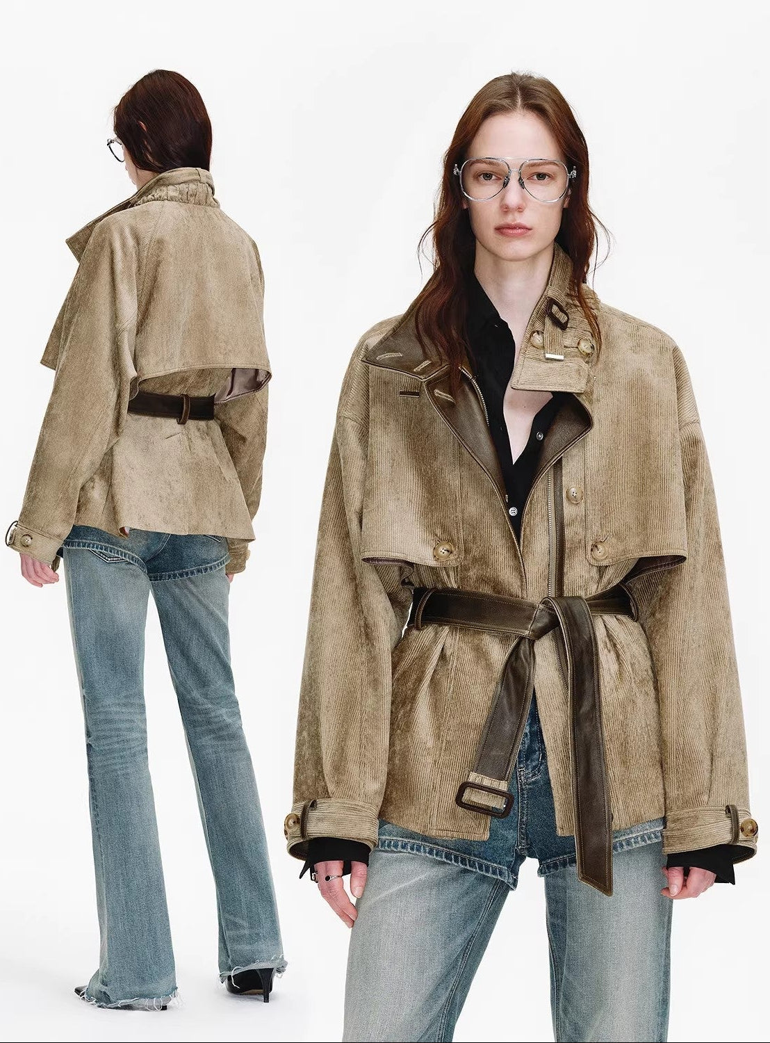 Firelady Fur Women's Belted Trench Coat - Drop Shoulder Short Jacket “Retro Traveler Style” - variant_title