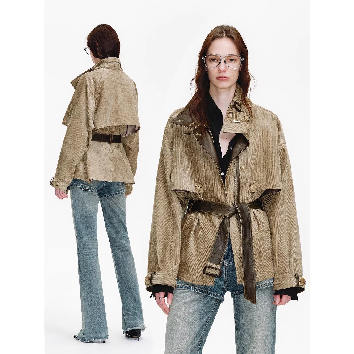 Firelady Fur Women's Belted Trench Coat - Drop Shoulder Short Jacket “Retro Traveler Style” - variant_title
