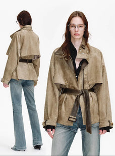 Firelady Fur Women's Belted Trench Coat - Drop Shoulder Short Jacket “Retro Traveler Style” - variant_title