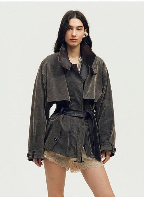 Firelady Fur Women's Belted Trench Coat - Drop Shoulder Short Jacket “Retro Traveler Style” - variant_title