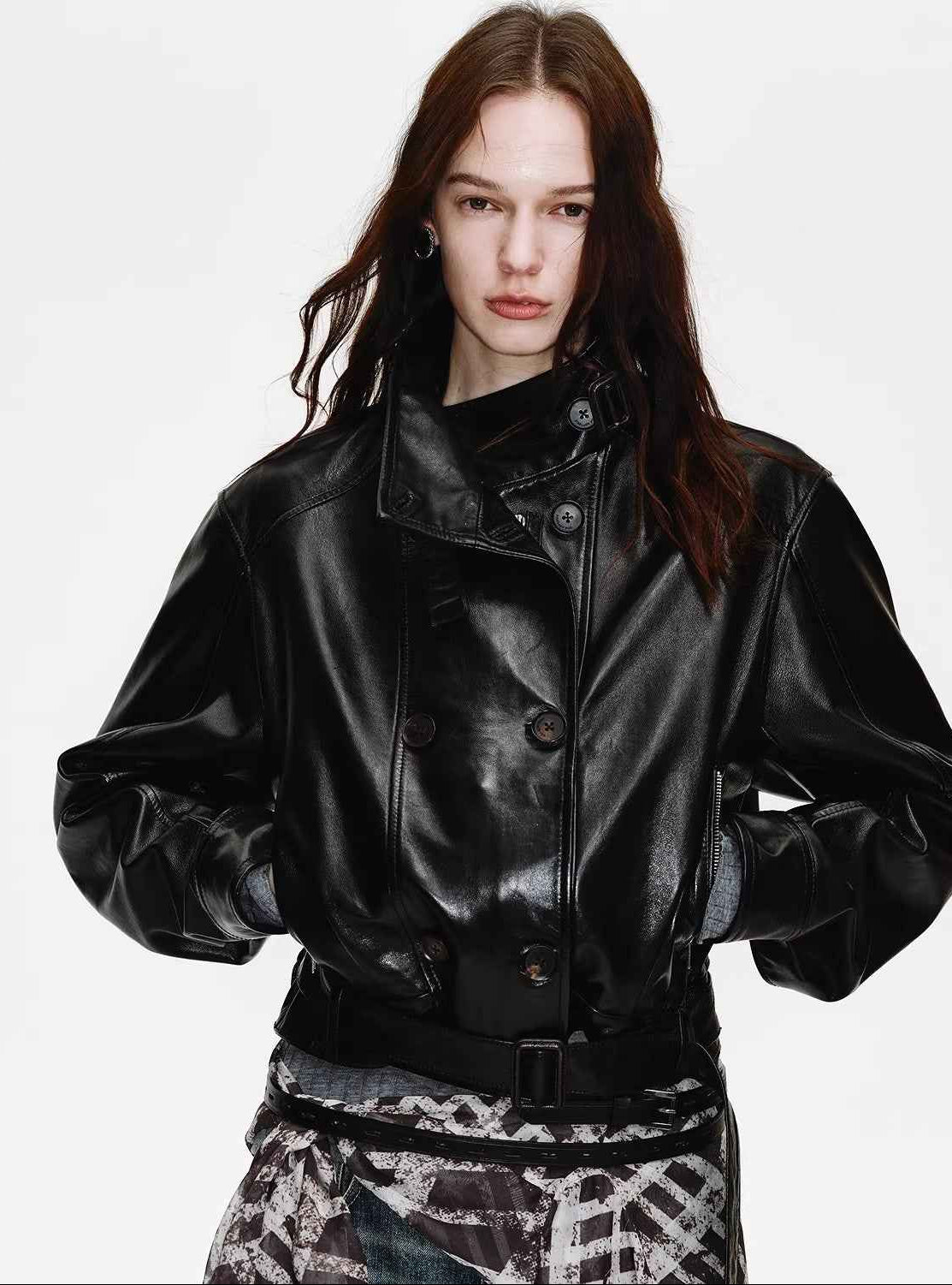 Firelady Fur Women's Double - Breasted Waxed Sheepskin Leather Jacket - Biker Style Short Coat with Belt "Heartbeat Radio" - variant_title