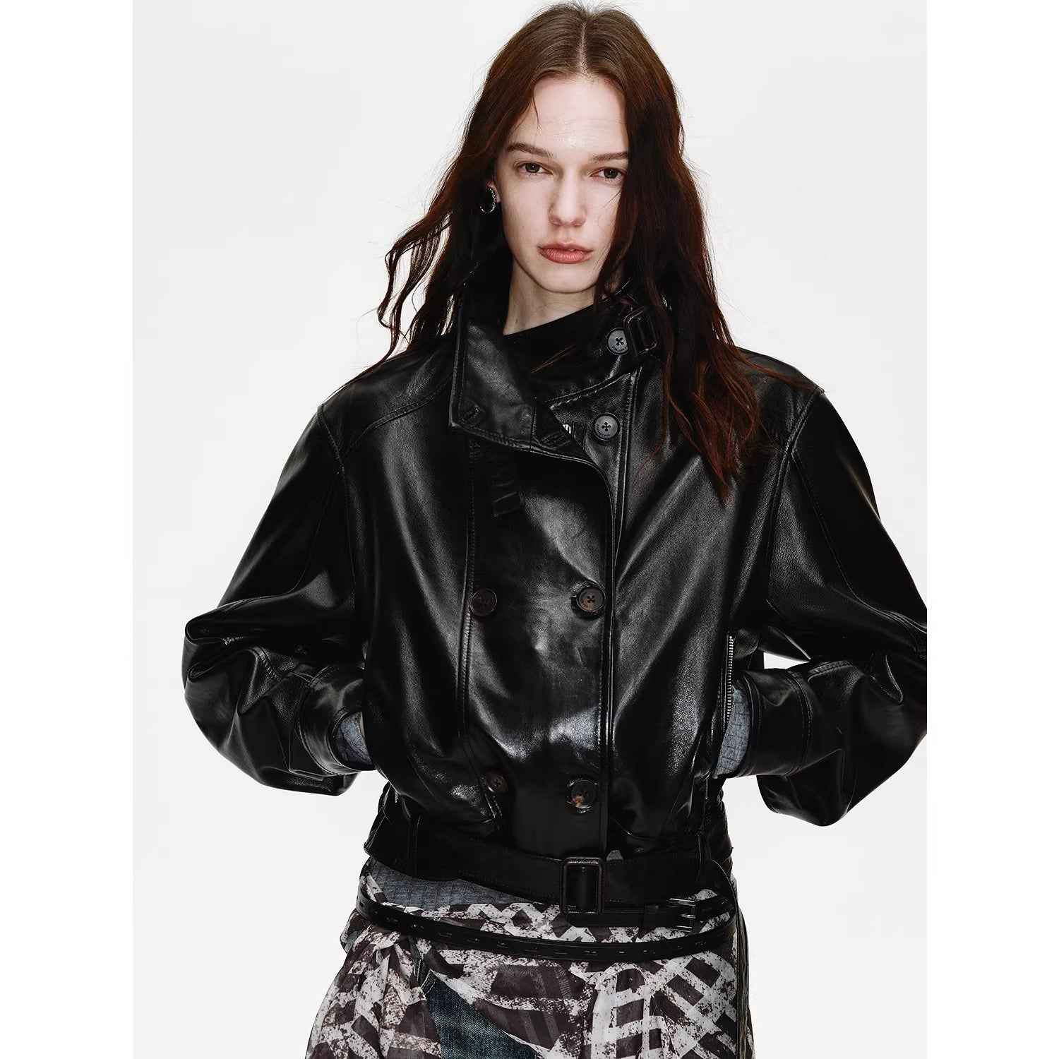 Firelady Fur Women's Double - Breasted Waxed Sheepskin Leather Jacket - Biker Style Short Coat with Belt "Heartbeat Radio" - variant_title
