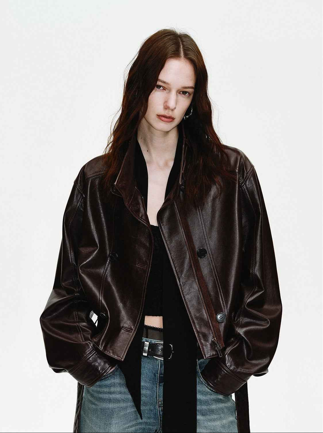 Firelady Fur Women's Double - Breasted Waxed Sheepskin Leather Jacket - Biker Style Short Coat with Belt "Heartbeat Radio" - variant_title