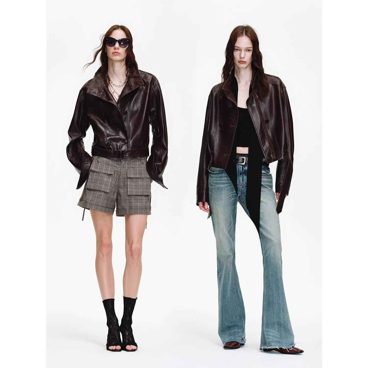 Firelady Fur Women's Double - Breasted Waxed Sheepskin Leather Jacket - Biker Style Short Coat with Belt "Heartbeat Radio" - variant_title