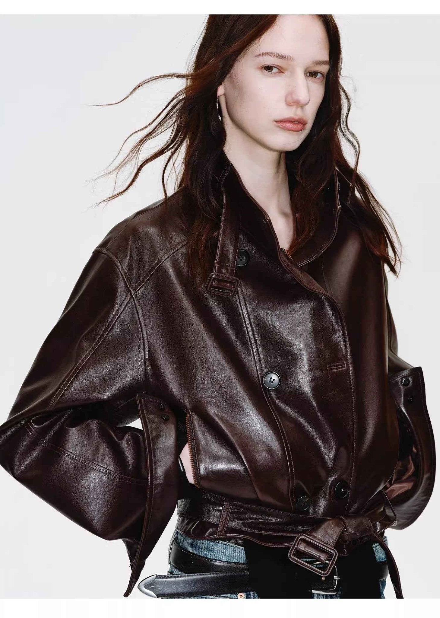 Firelady Fur Women's Double - Breasted Waxed Sheepskin Leather Jacket - Biker Style Short Coat with Belt "Heartbeat Radio" - variant_title