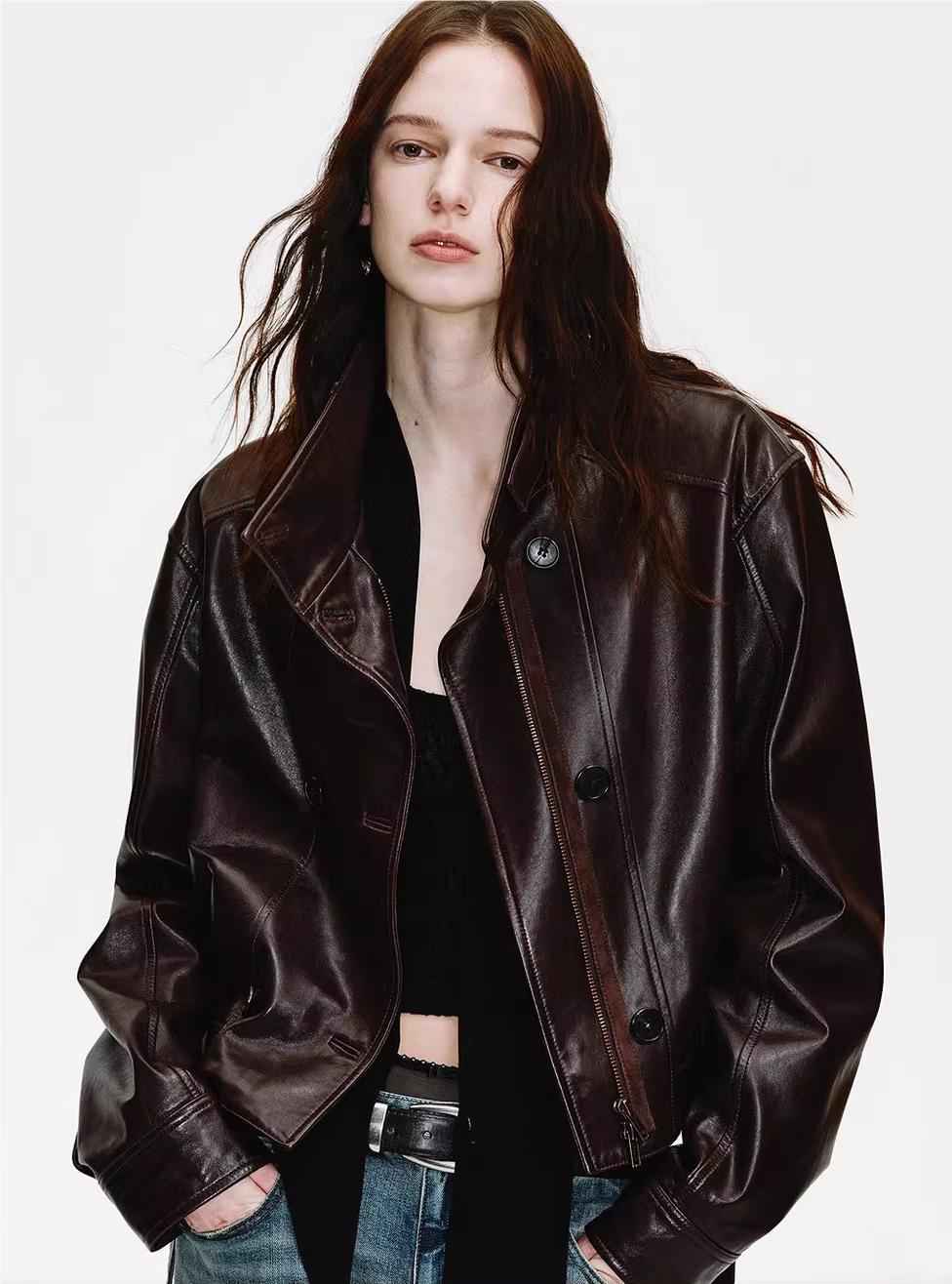 Firelady Fur Women's Double - Breasted Waxed Sheepskin Leather Jacket - Biker Style Short Coat with Belt "Heartbeat Radio" - variant_title