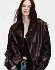 Firelady Fur Women's Double - Breasted Waxed Sheepskin Leather Jacket - Biker Style Short Coat with Belt "Heartbeat Radio" - variant_title