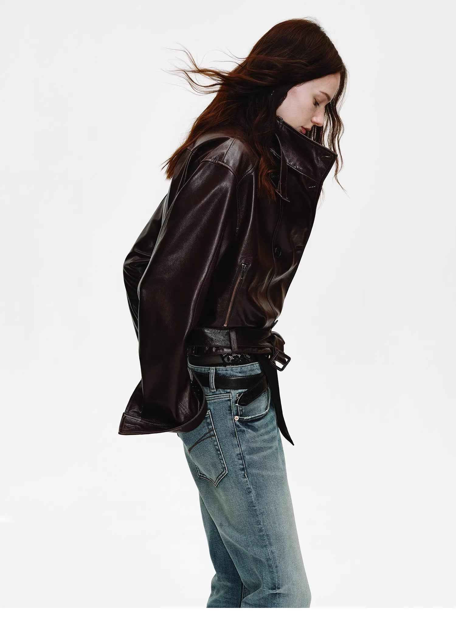 Firelady Fur Women's Double - Breasted Waxed Sheepskin Leather Jacket - Biker Style Short Coat with Belt "Heartbeat Radio" - variant_title