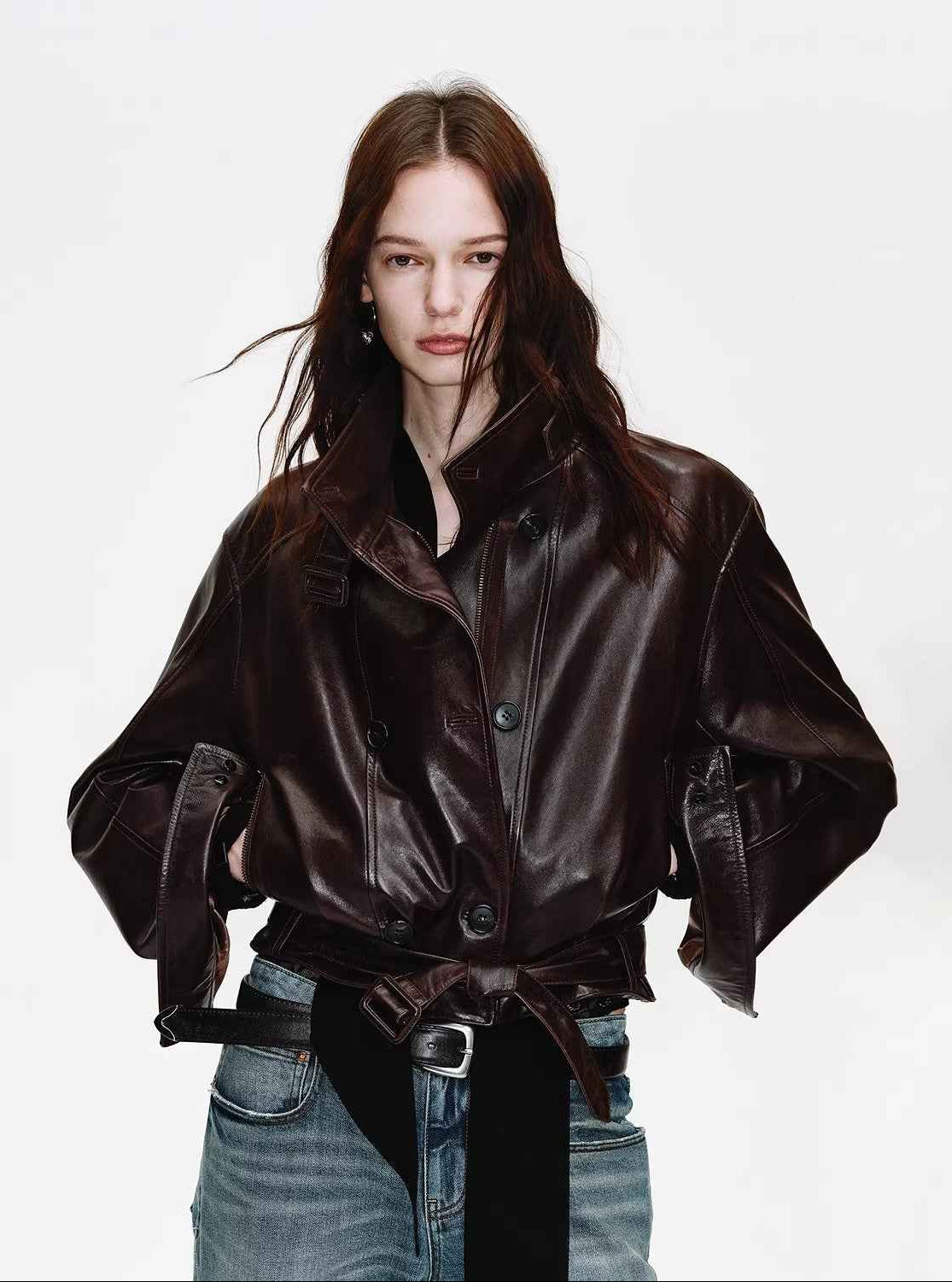 Firelady Fur Women's Double - Breasted Waxed Sheepskin Leather Jacket - Biker Style Short Coat with Belt "Heartbeat Radio" - variant_title