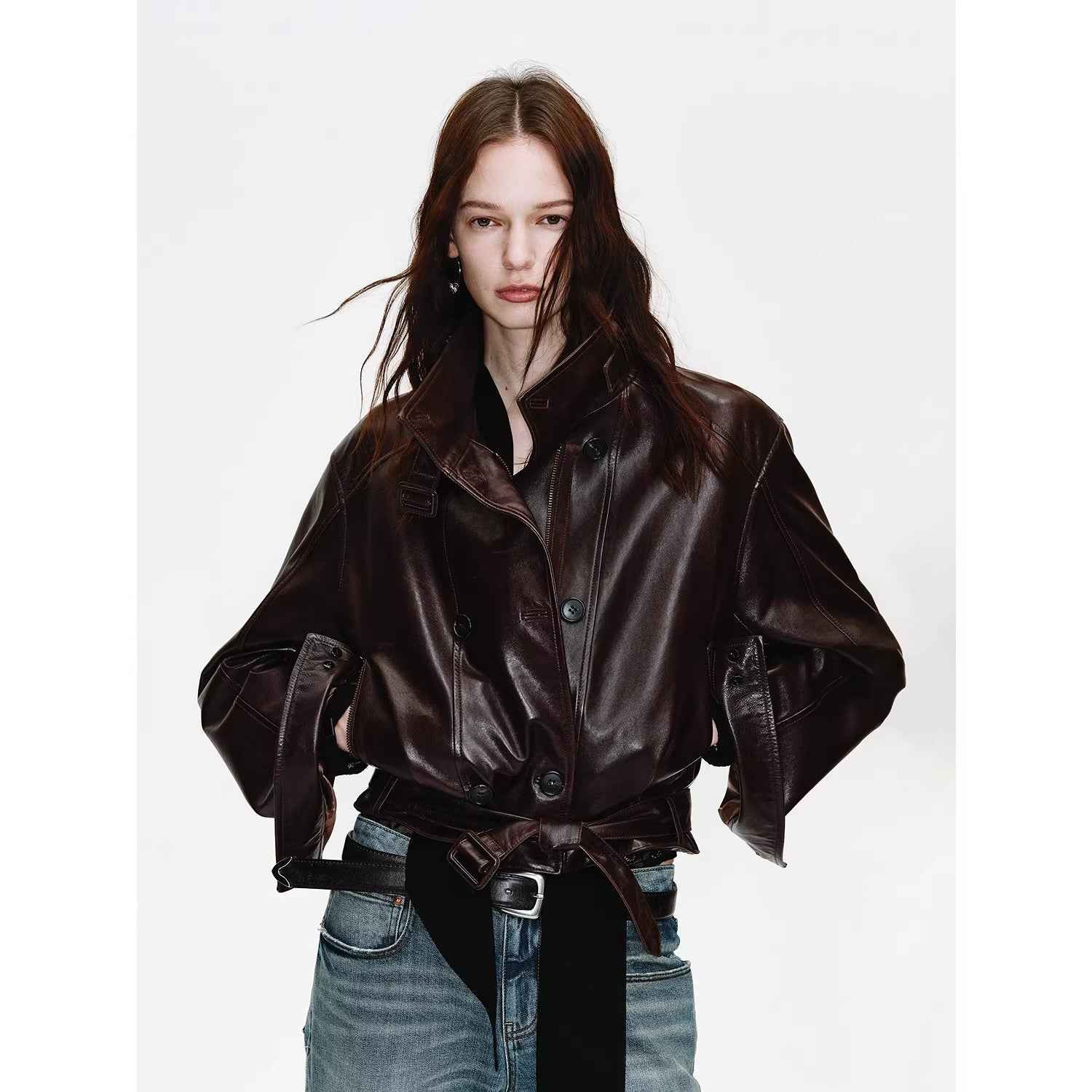 Firelady Fur Women's Double - Breasted Waxed Sheepskin Leather Jacket - Biker Style Short Coat with Belt "Heartbeat Radio" - variant_title