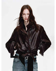 Firelady Fur Women's Double - Breasted Waxed Sheepskin Leather Jacket - Biker Style Short Coat with Belt "Heartbeat Radio" - variant_title
