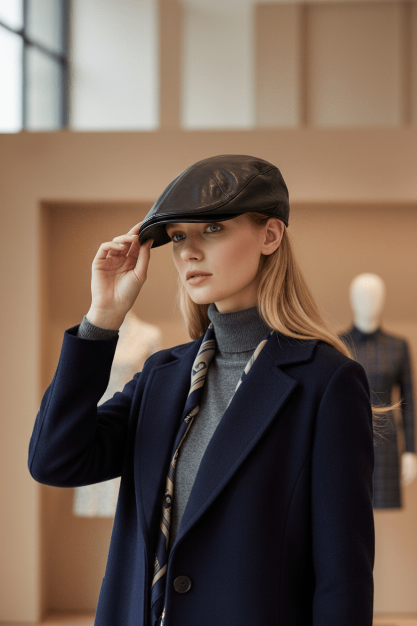 Firelady Fur | Women‘s Leather Beret in Distressed Denim with Waxed Velvet Flock - variant_title