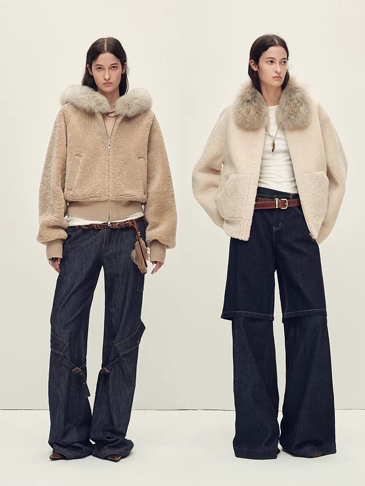 Firelady Fur Women's Merino Shearling Coat | Layered Patch - Dyed Raccoon Fur Collar“Hokkaido Melody” - variant_title