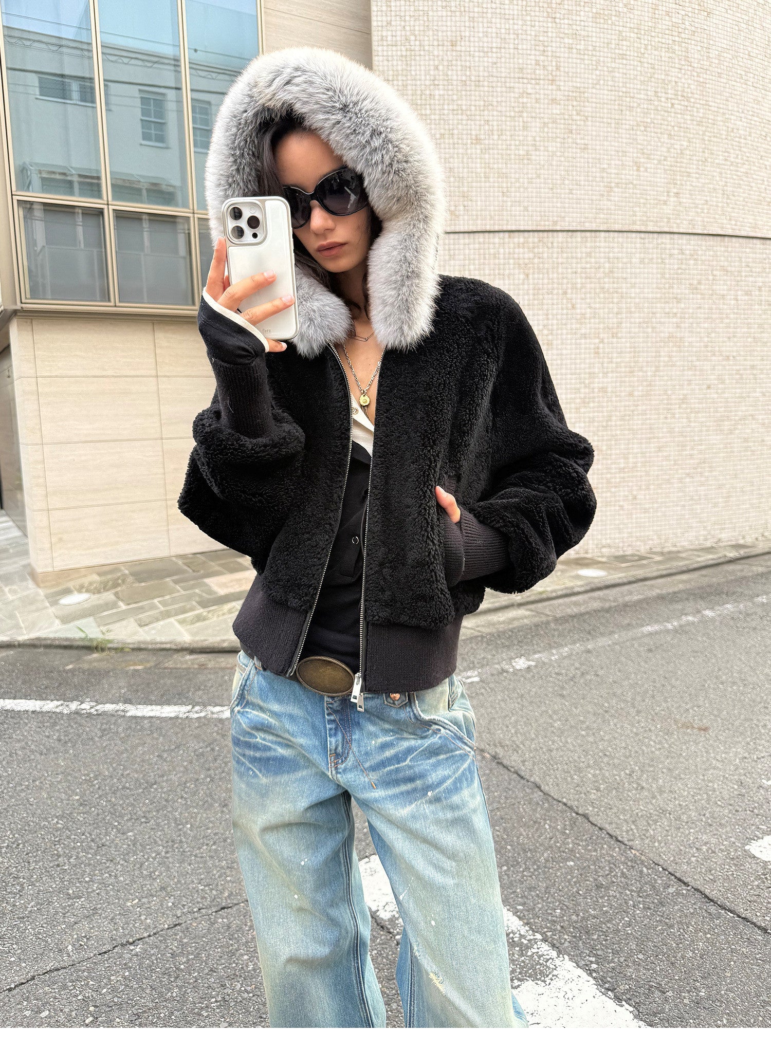 Firelady Fur Women's Merino Shearling Coat | Layered Patch - Dyed Raccoon Fur Collar“Hokkaido Melody” - variant_title
