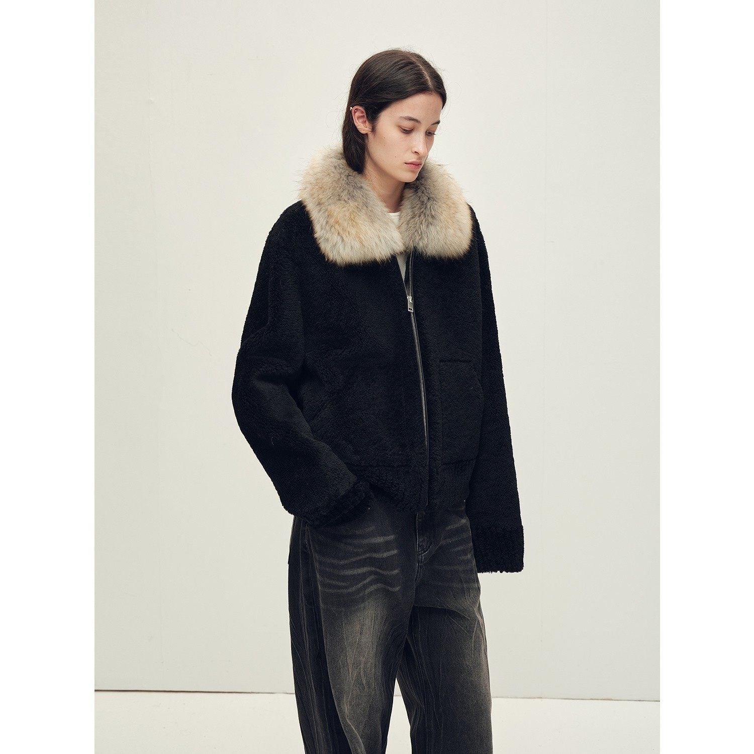 Firelady Fur Women's Merino Shearling Coat | Layered Patch - Dyed Raccoon Fur Collar“Hokkaido Melody” - variant_title