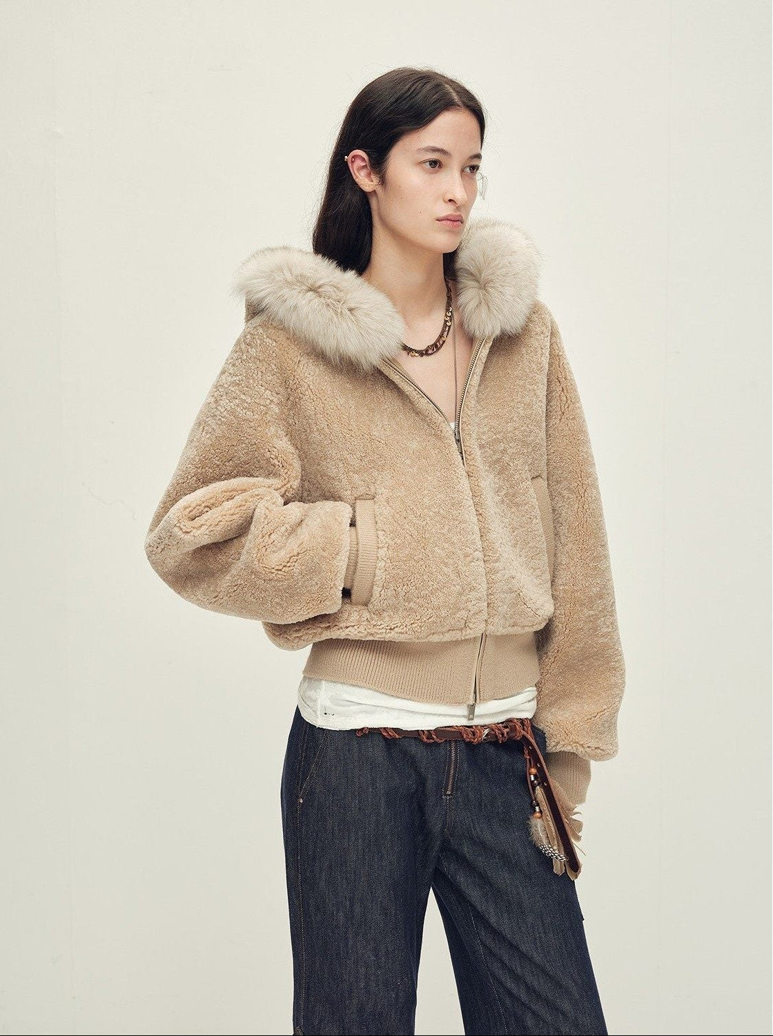 Firelady Fur Women's Merino Shearling Coat | Layered Patch - Dyed Raccoon Fur Collar“Hokkaido Melody” - variant_title
