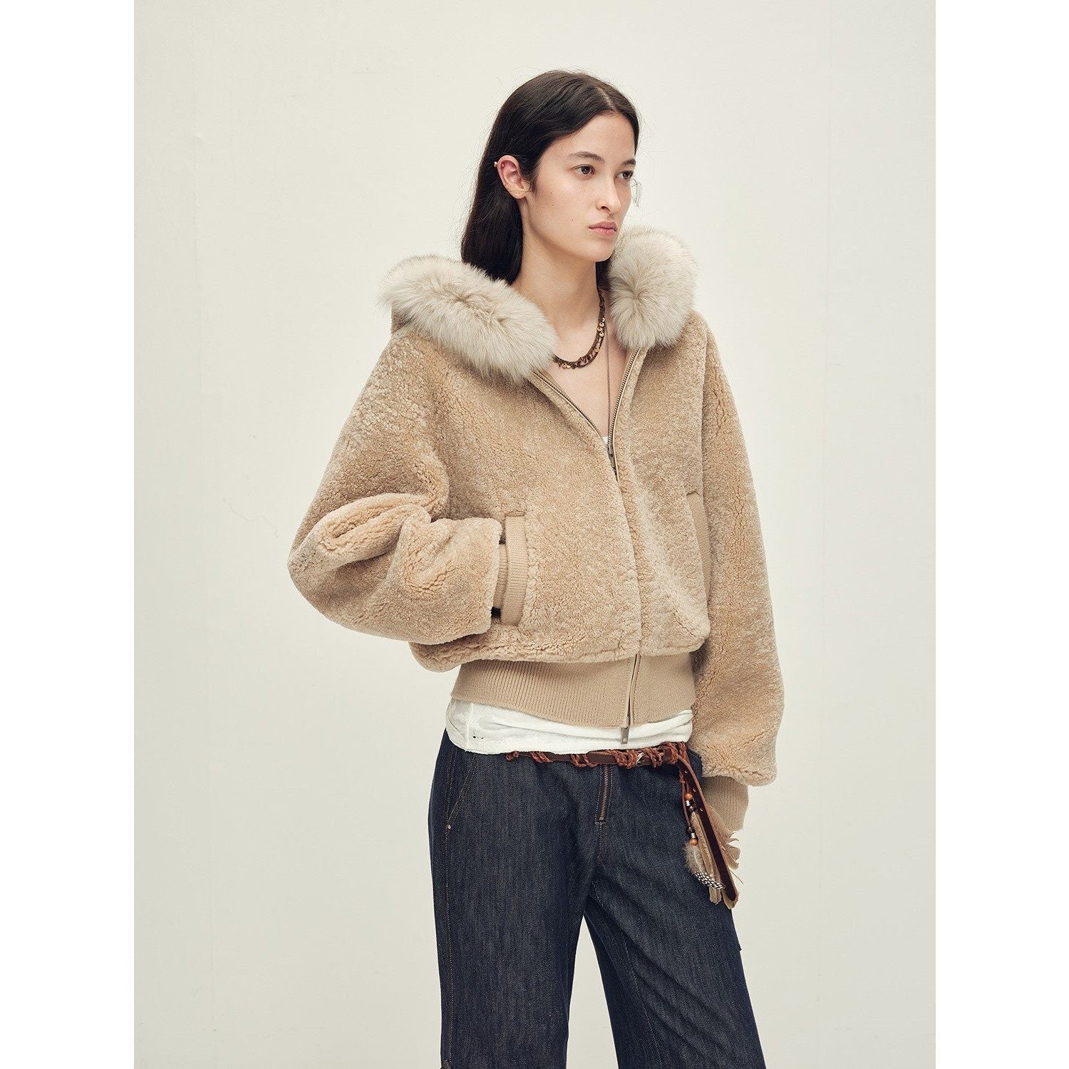 Firelady Fur Women's Merino Shearling Coat | Layered Patch - Dyed Raccoon Fur Collar“Hokkaido Melody” - variant_title