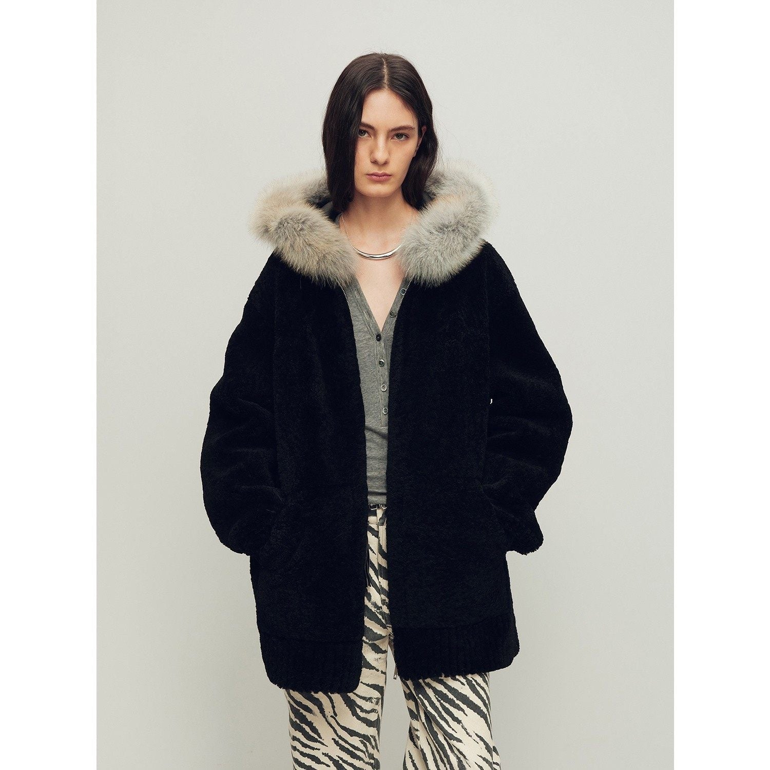 Firelady Fur Women's Merino Shearling Coat | Layered Patch - Dyed Raccoon Fur Collar“Hokkaido Melody” - variant_title