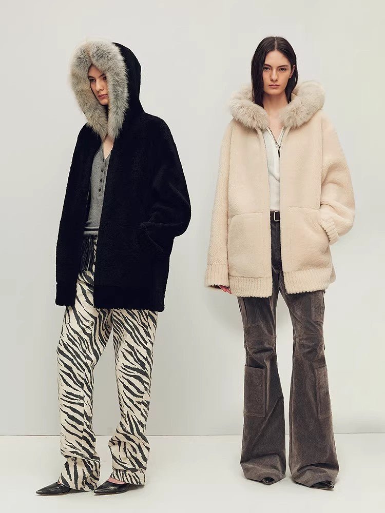 Firelady Fur Women's Merino Shearling Coat | Layered Patch - Dyed Raccoon Fur Collar“Hokkaido Melody” - variant_title