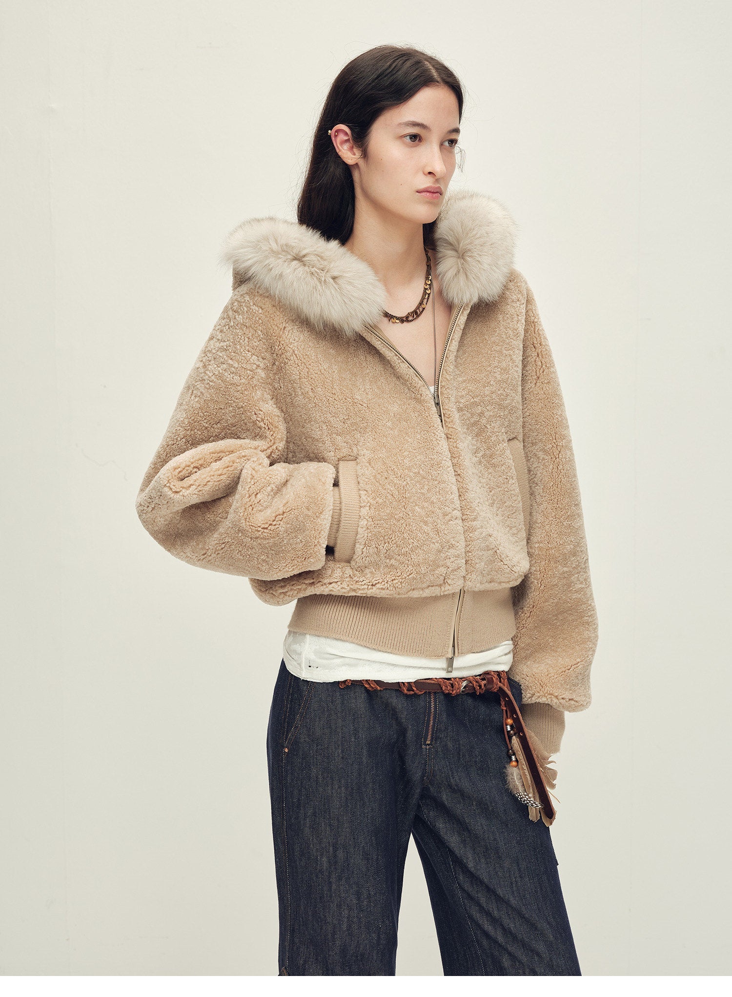 Firelady Fur Women's Merino Shearling Coat | Layered Patch - Dyed Raccoon Fur Collar“Hokkaido Melody” - variant_title