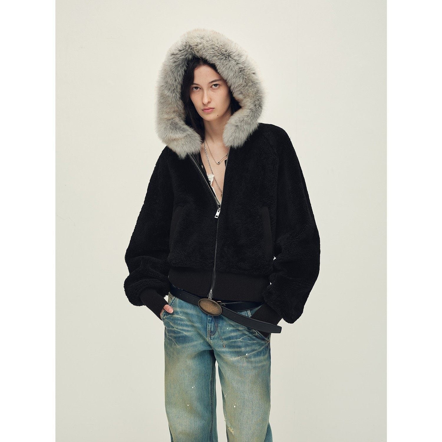 Firelady Fur Women's Merino Shearling Coat | Layered Patch - Dyed Raccoon Fur Collar“Hokkaido Melody” - variant_title