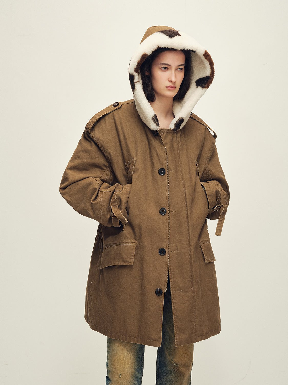 Firelady Fur Women’s Merino Sheepskin Parka with Fur Hood – Real Fur Cow Print Coat"Wild Heartbeat" - variant_title