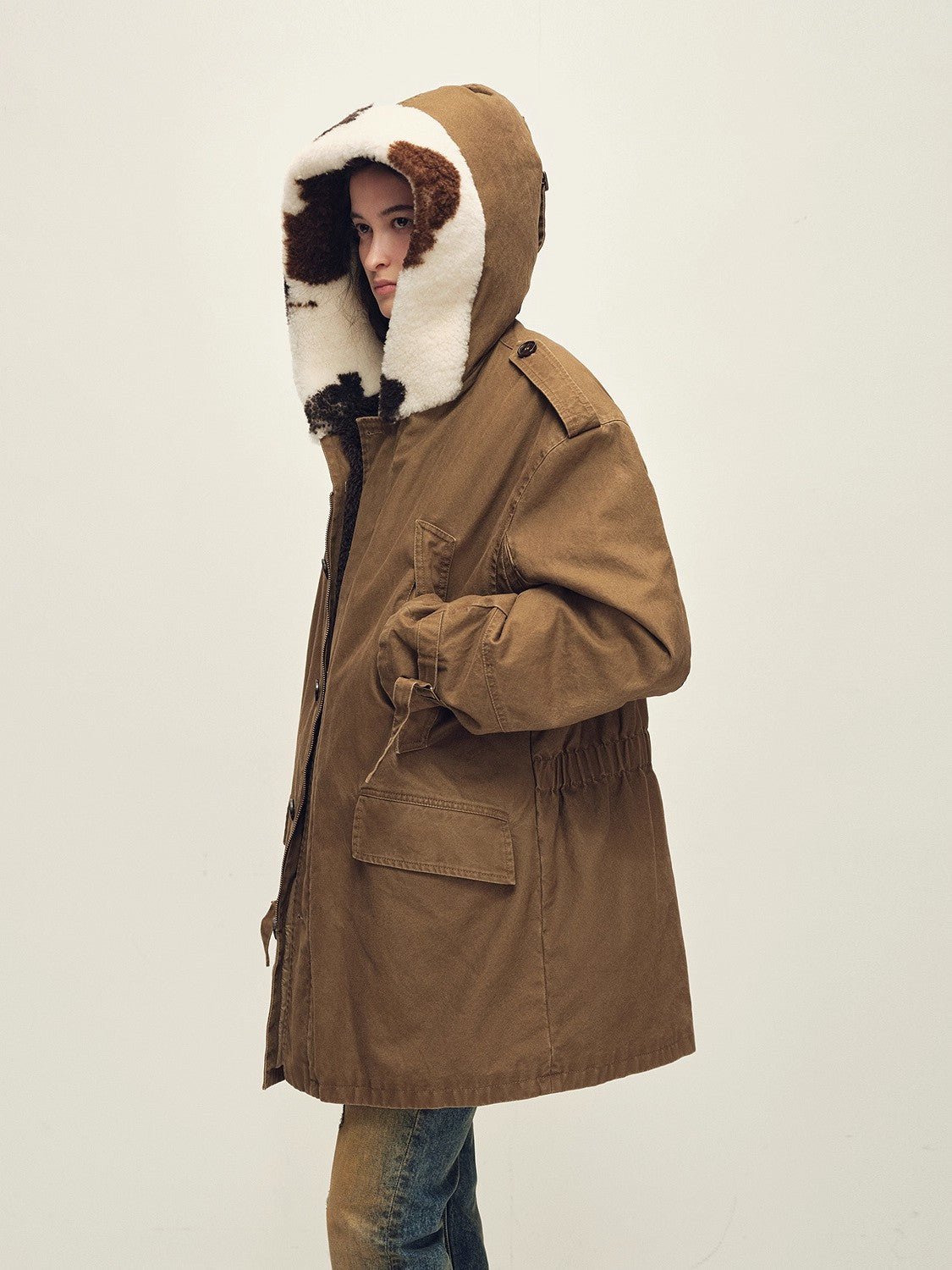 Firelady Fur Women’s Merino Sheepskin Parka with Fur Hood – Real Fur Cow Print Coat"Wild Heartbeat" - variant_title