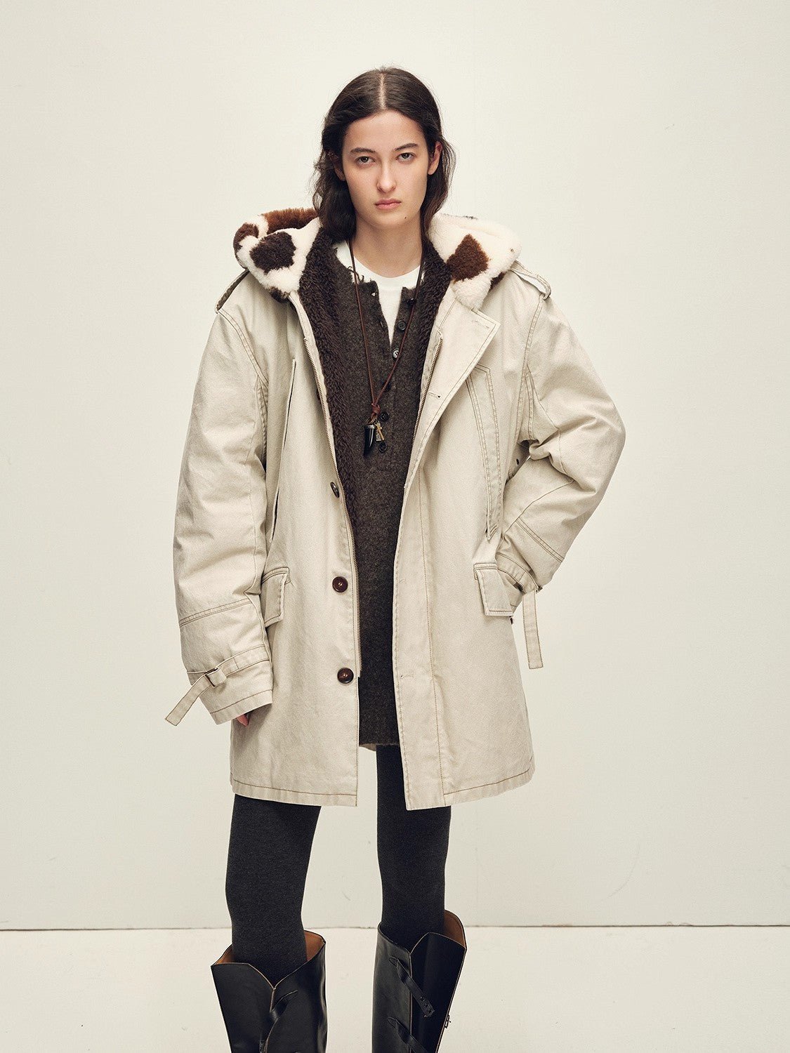 Firelady Fur Women’s Merino Sheepskin Parka with Fur Hood – Real Fur Cow Print Coat"Wild Heartbeat" - variant_title