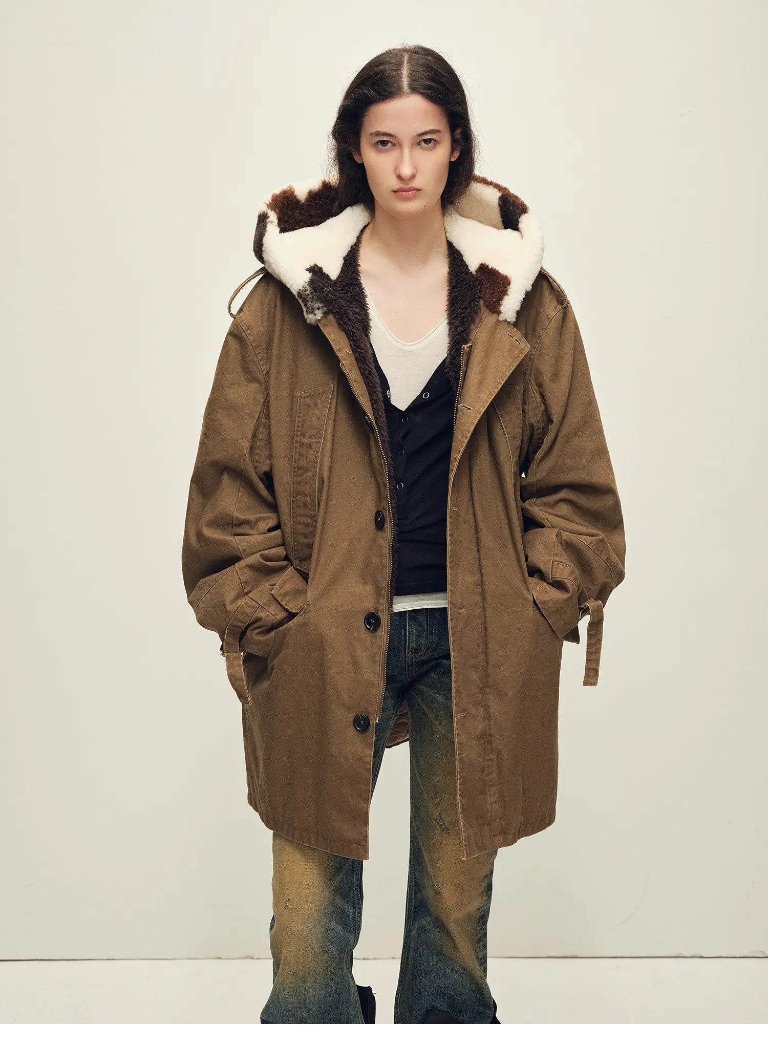 Firelady Fur Women’s Merino Sheepskin Parka with Fur Hood – Real Fur Cow Print Coat"Wild Heartbeat"