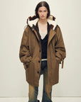 Firelady Fur Women’s Merino Sheepskin Parka with Fur Hood – Real Fur Cow Print Coat"Wild Heartbeat"