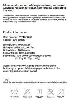 Swan Feather Collection raccoon fur down parka materials and care information
