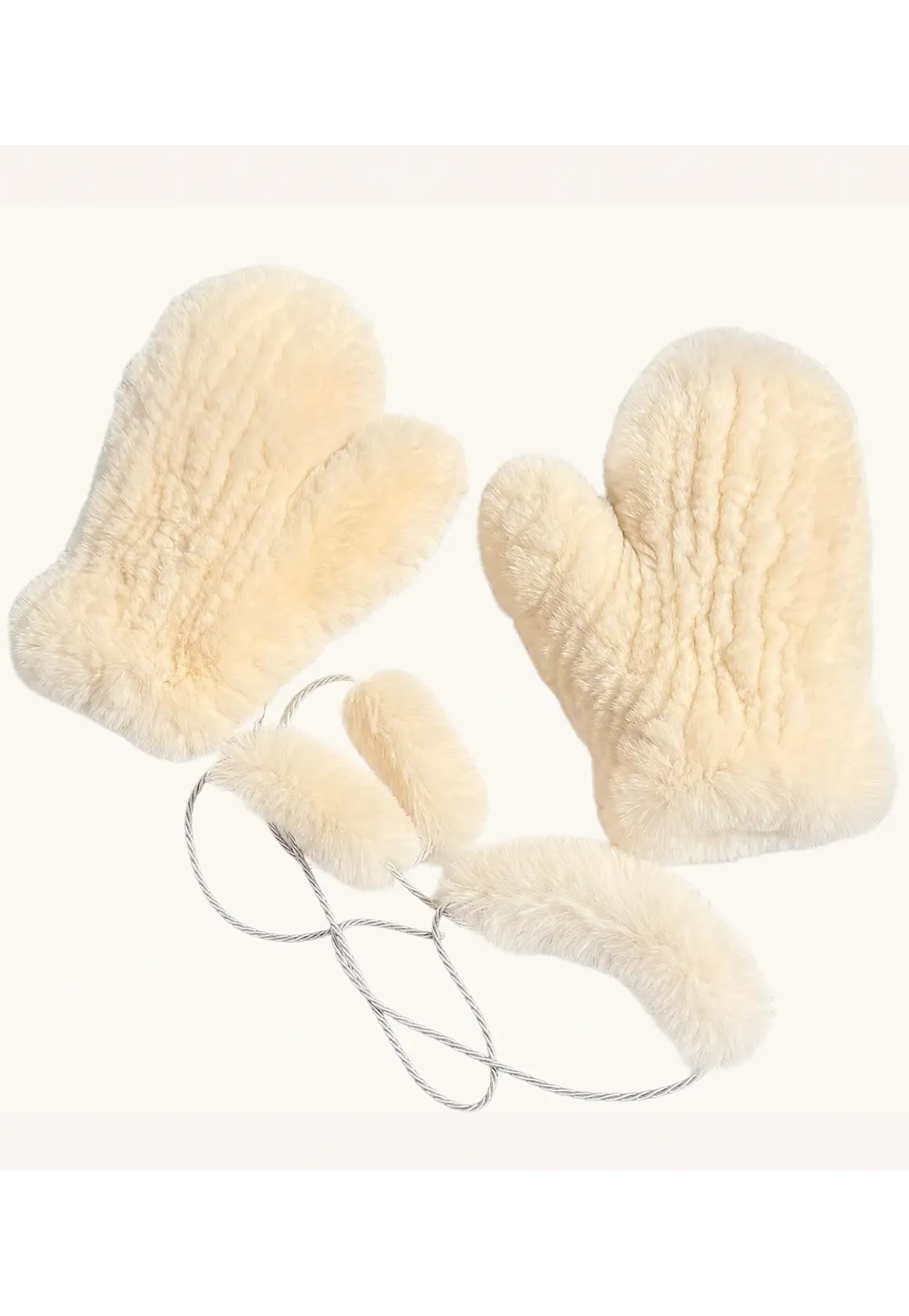 Milk yellow rex rabbit fur knitted mittens for women with soft wrist ties