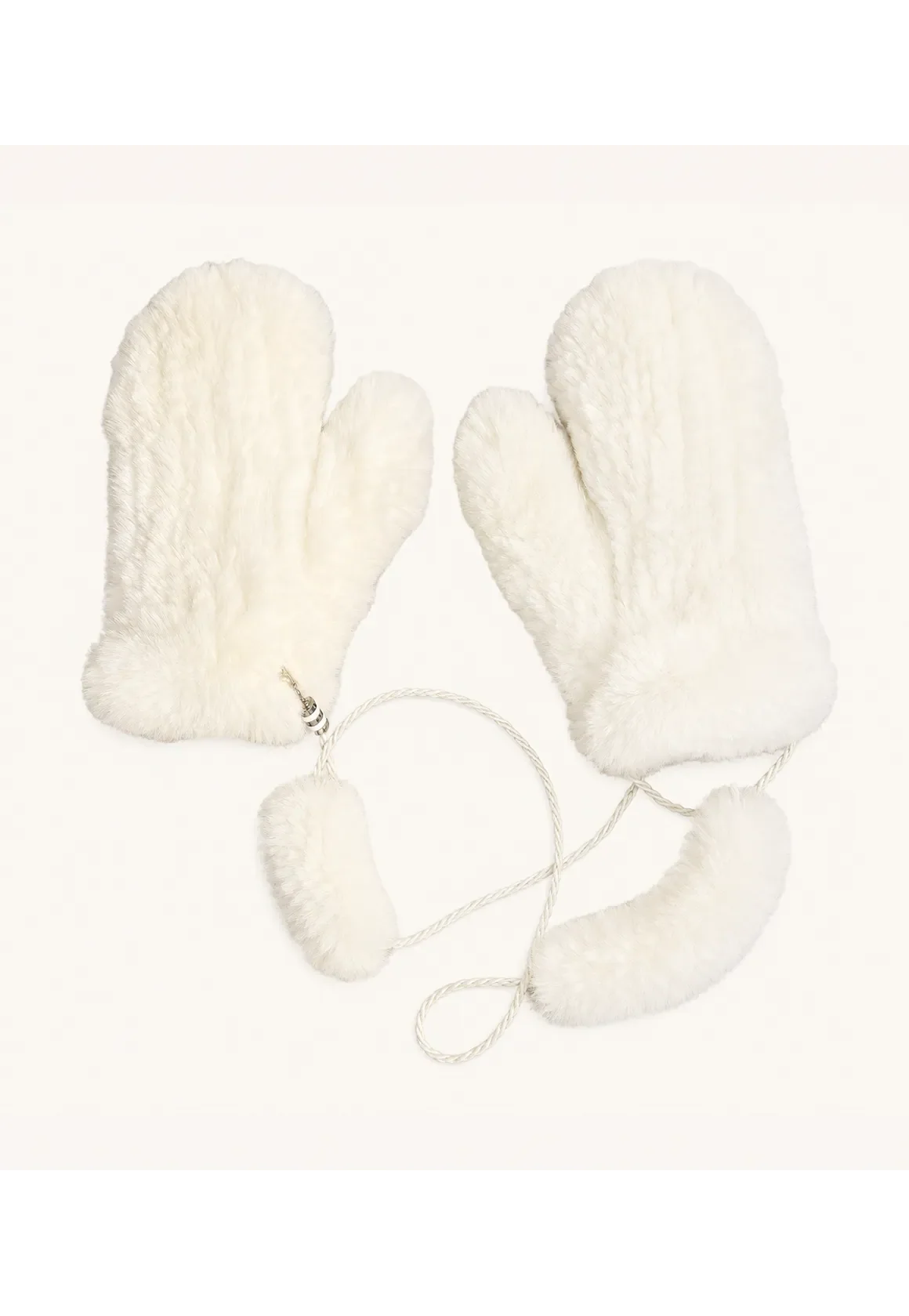 White rex rabbit fur knitted mittens for women with soft wrist ties
