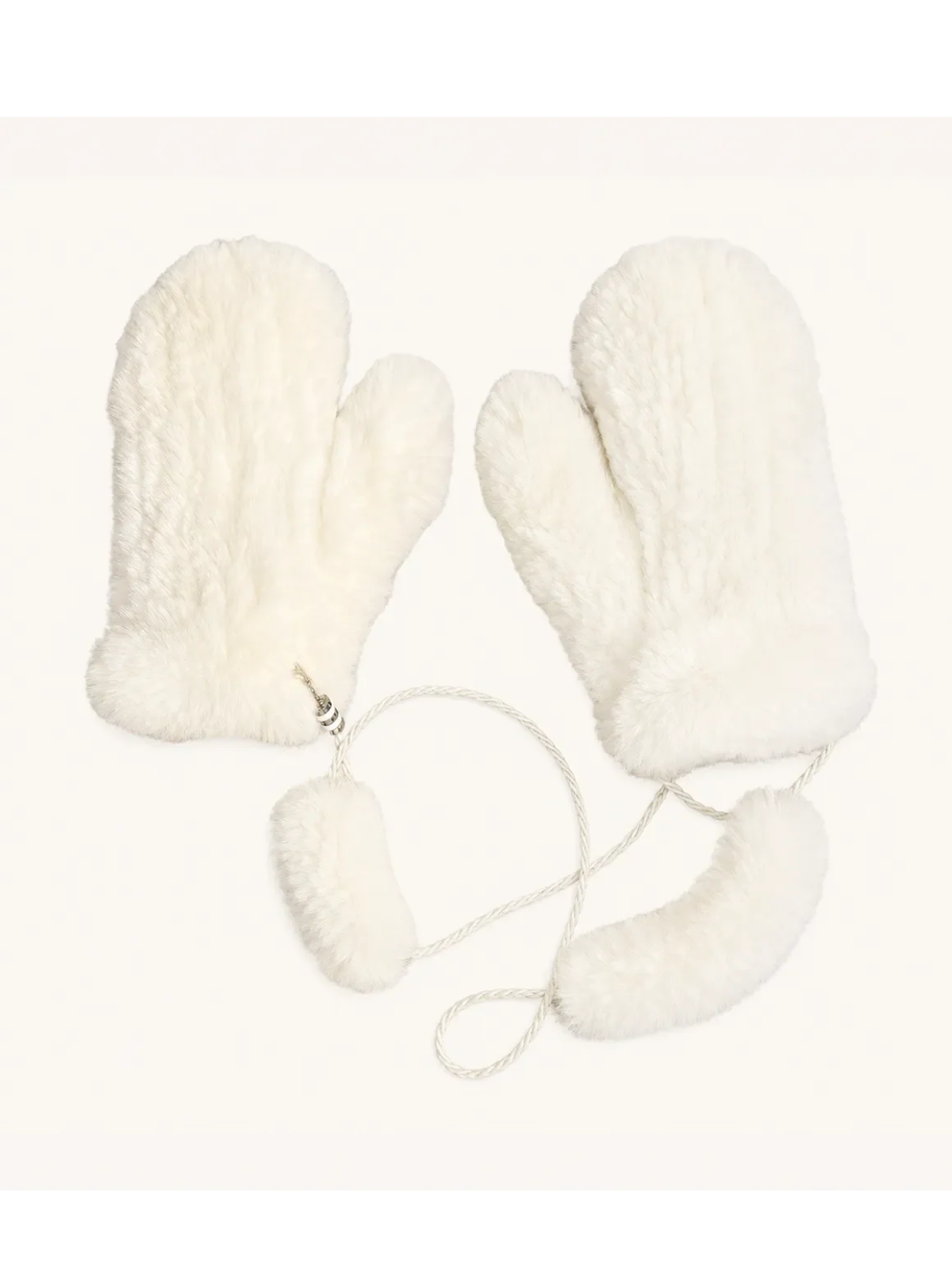 White rex rabbit fur knitted mittens for women with soft wrist ties