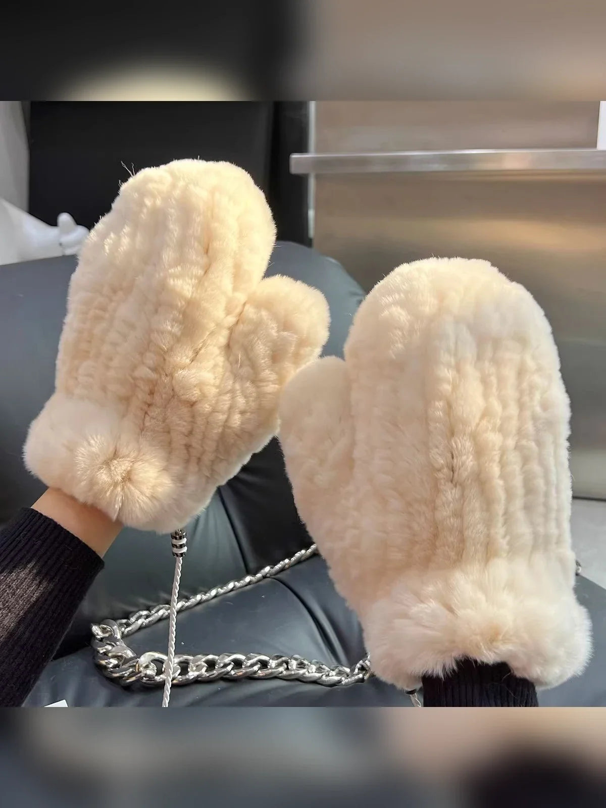 Milk yellow rex rabbit fur mittens for women styled on hands