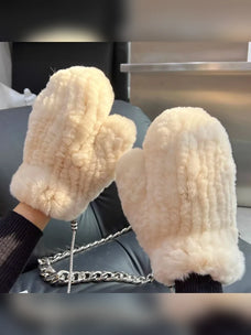 Milk yellow rex rabbit fur mittens for women styled on hands