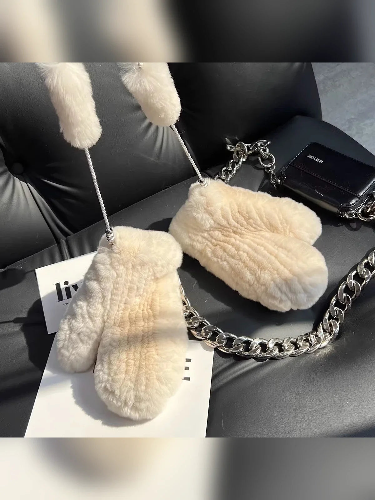 Milk yellow rex rabbit fur knitted mittens with matching wrist ties