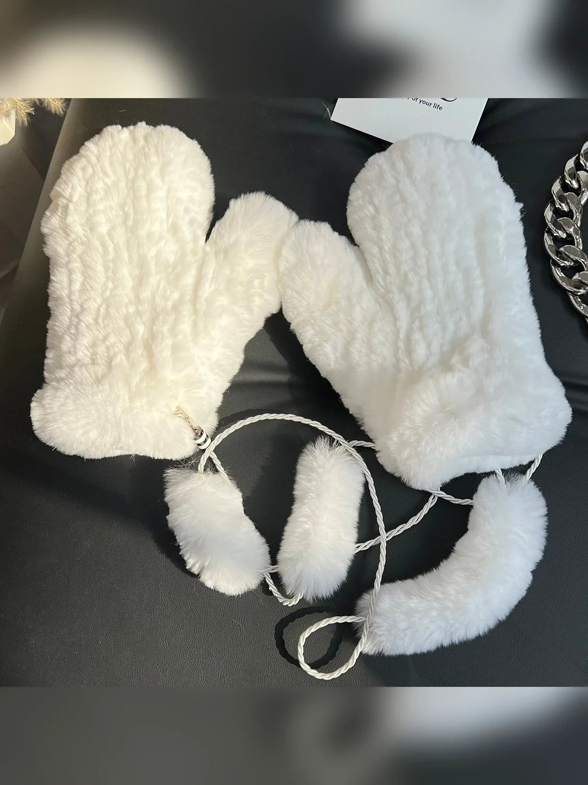 White rex rabbit fur knitted mittens with matching wrist ties