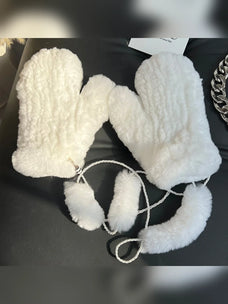 White rex rabbit fur knitted mittens with matching wrist ties