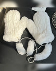 White rex rabbit fur knitted mittens with matching wrist ties