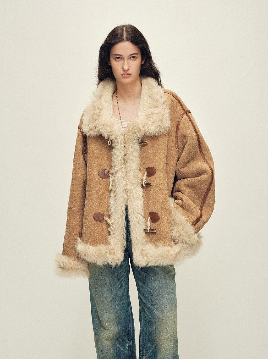 Firelady Fur Women's Shearling Coat | Merino Wool & Curly Toca Trim, Imported Two - Tone Plush Shawl Collar“Galaxy Gala” - variant_title