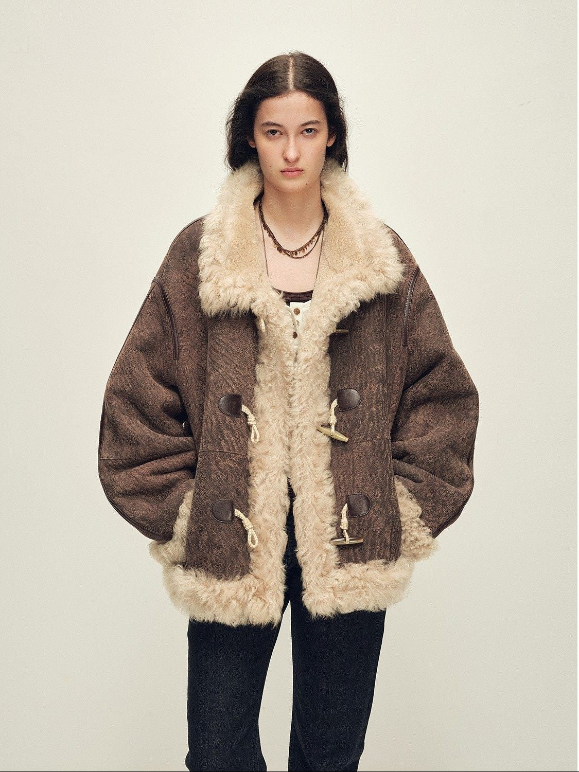 Firelady Fur Women's Shearling Coat | Merino Wool & Curly Toca Trim, Imported Two - Tone Plush Shawl Collar“Galaxy Gala” - variant_title