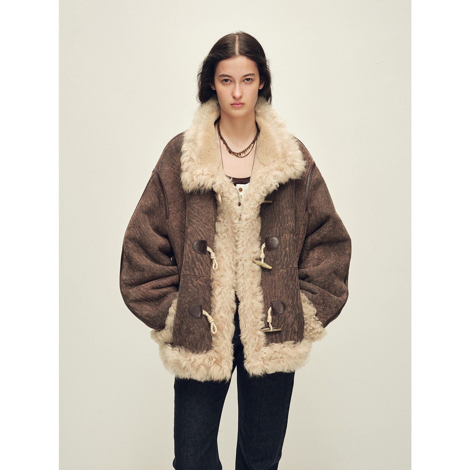 Firelady Fur Women's Shearling Coat | Merino Wool & Curly Toca Trim, Imported Two - Tone Plush Shawl Collar“Galaxy Gala” - variant_title