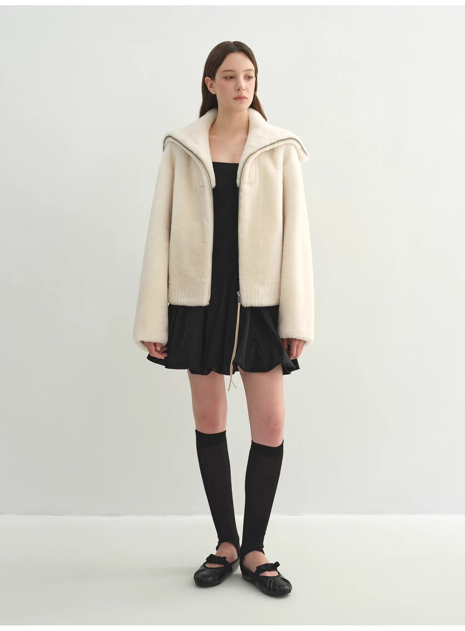 Firelady Fur Women's Shearling Leather Coat | Short Navy Collar Merino Wool Blend“Butter Crisp” - variant_title