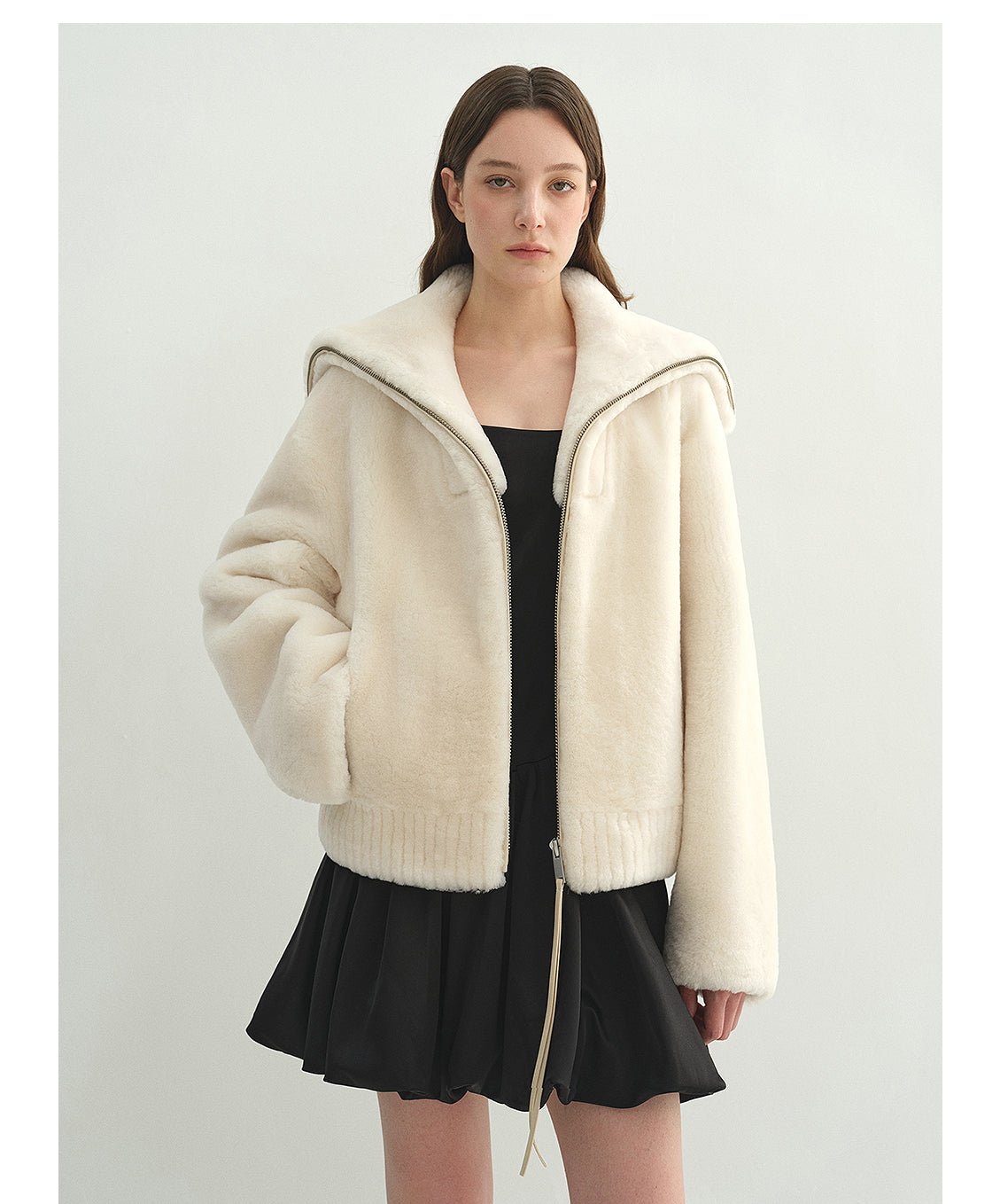 Firelady Fur Women's Shearling Leather Coat | Short Navy Collar Merino Wool Blend“Butter Crisp” - variant_title