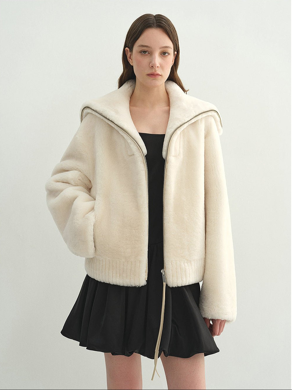 Firelady Fur Women's Shearling Leather Coat | Short Navy Collar Merino Wool Blend“Butter Crisp” - variant_title