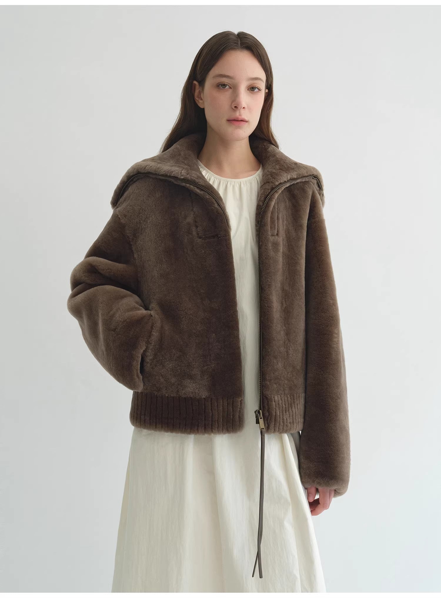 Firelady Fur Women's Shearling Leather Coat | Short Navy Collar Merino Wool Blend“Butter Crisp” - variant_title